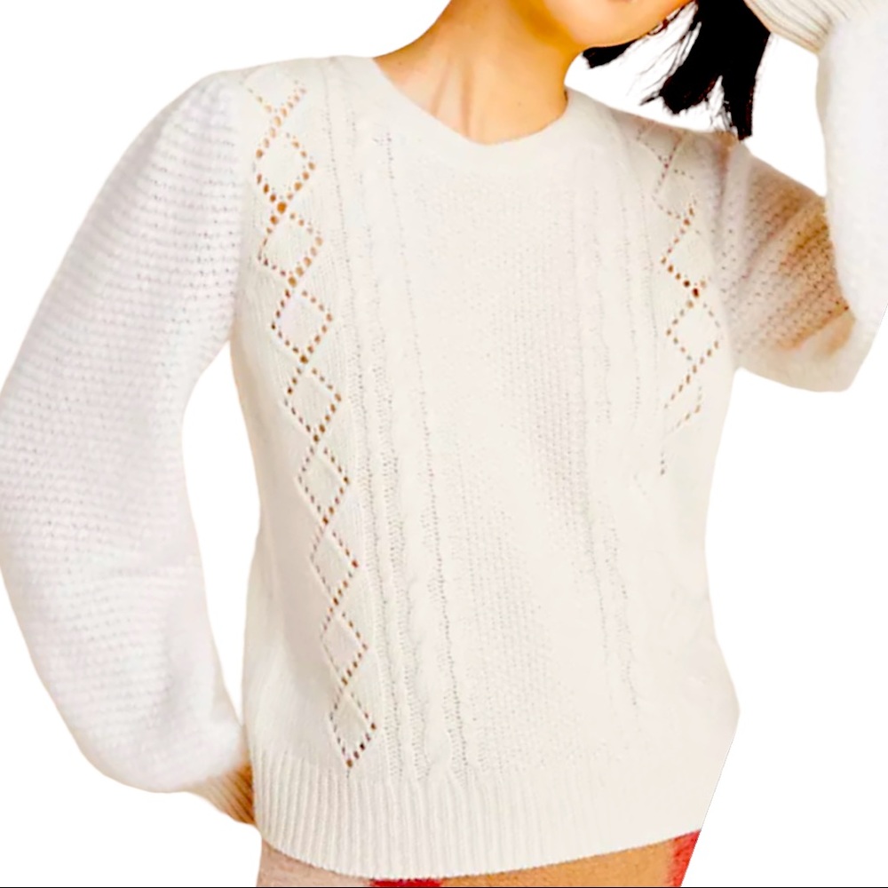 New Anthropologie Elizabeth Pointelle XS Ivory Cream Lambswool Pullover Sweater